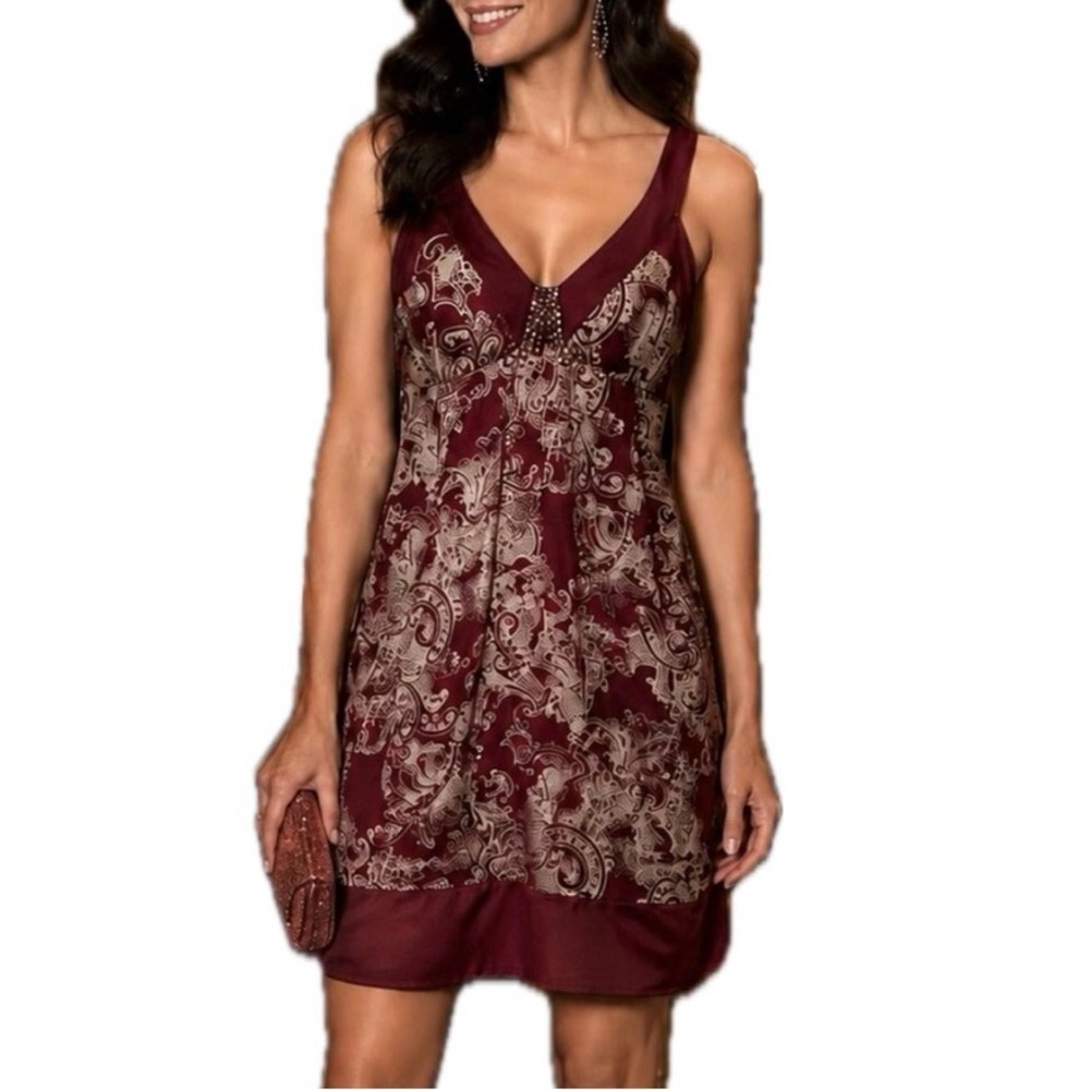 BCBGMAXAZRIA Women's 8 Burgundy Ivory Paisley Silk V-Neck Sleeveless Mini Bead
